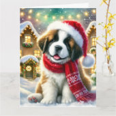 Schattigee Sint-Bernardpuppy in kerstdorp Kaart (Gele Bloem)