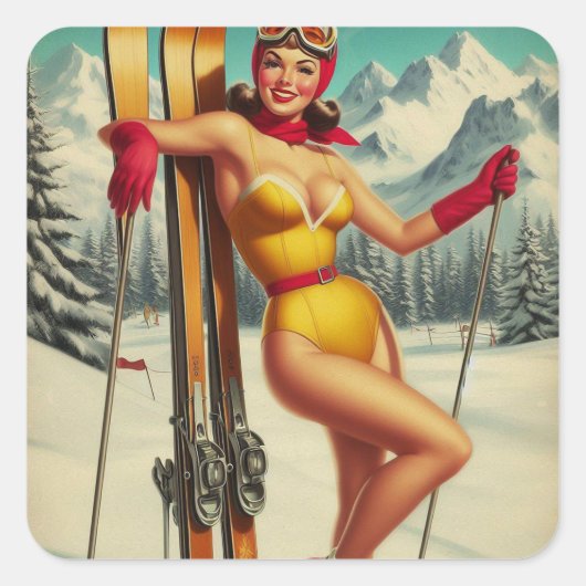 Schattigee  Ski Pin Up Vierkante Sticker (Voorkant)