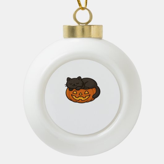 Schattigee Sleepy Black Cat op een pompoen Hallowe Keramische Bal Ornament (Voorkant)
