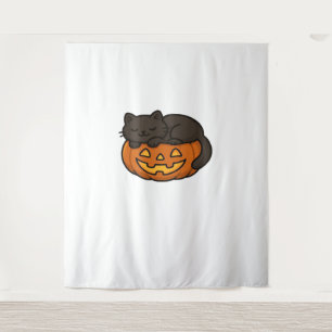 Schattigee Sleepy Black Cat op een pompoen Hallowe Wandkleed