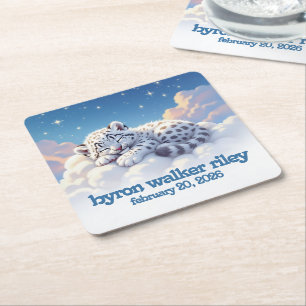 Schattigee sneeuwluipaard slaapt op wolken Baby sh Vierkante Kartonnen Onderzetter