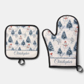 Schattigee sneeuwman en besneeuwde bomen vrolijk k ovenwant & pannenlap set (Voorkant)