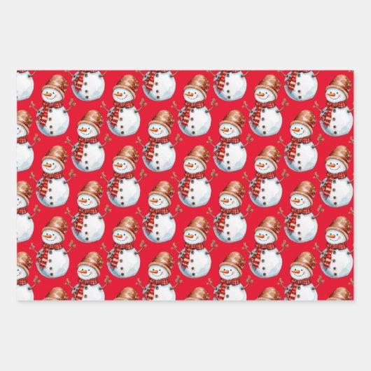 Schattigee sneeuwman en kerstboom Waterverf Patter Inpakpapier Vel (Voorkant)