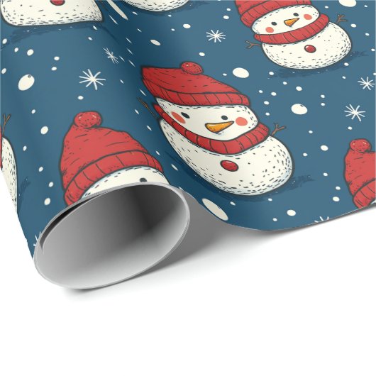 Schattigee sneeuwman en sneeuwvlokken Blue Christm Cadeaupapier (Rol Hoek)