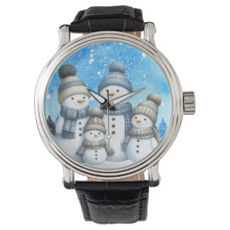 Schattigee sneeuwman familie in de sneeuw horloge