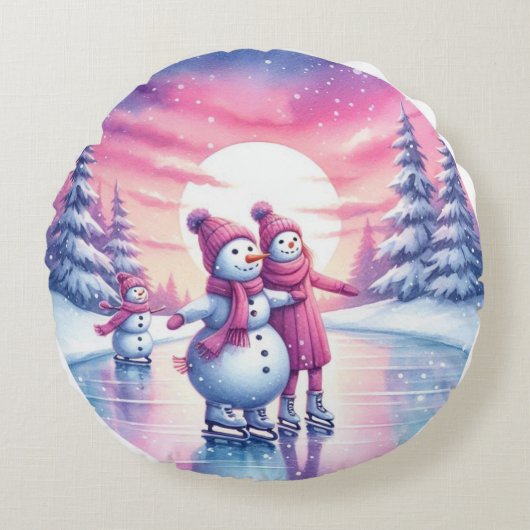 Schattigee Sneeuwman Familie Kerstkussen Rond Kussen (Voorkant)