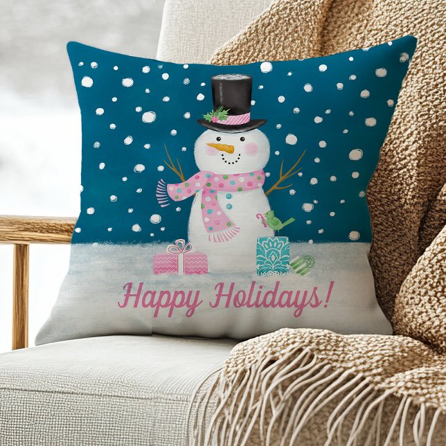 Schattigee sneeuwman kerst Sierkussen (A cute snowman pillow with a pink scarf. Personalize it with your holiday greeting.)