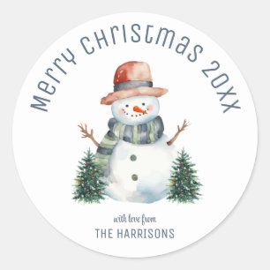 Schattigee sneeuwman kerstboom winterkerst ronde sticker