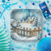 Schattigee sneeuwman met kerststal papieren bordje (Feest)