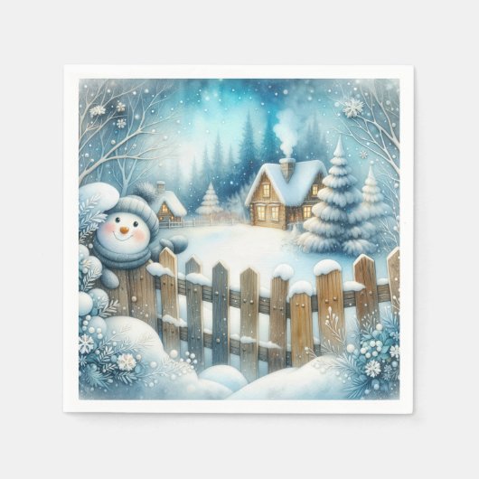 Schattigee sneeuwman met kerststal servet (Voorkant)