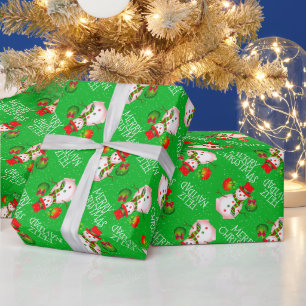 Schattigee sneeuwman op feestelijk groen of uw kle cadeaupapier