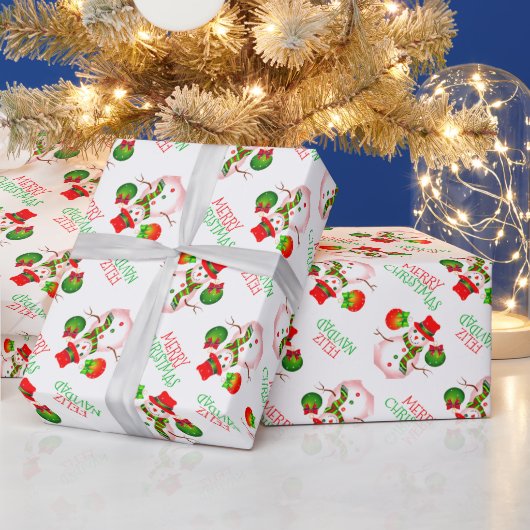 Schattigee sneeuwman op feestelijk wit of uw kleur cadeaupapier (Feestdagen)