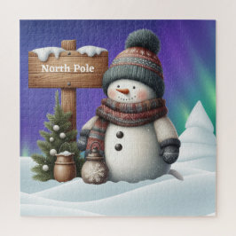 Schattigee sneeuwman op Noordpool met noorderlicht Legpuzzel