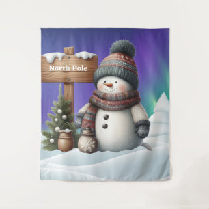 Schattigee sneeuwman op Noordpool met noorderlicht Wandkleed
