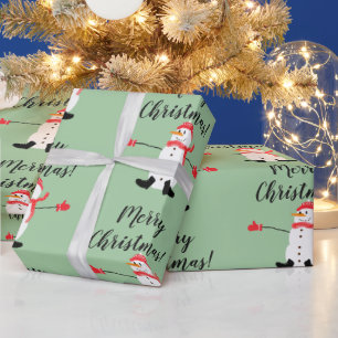 Schattigee Sneeuwman op Sage Green Merry Christmas Cadeaupapier