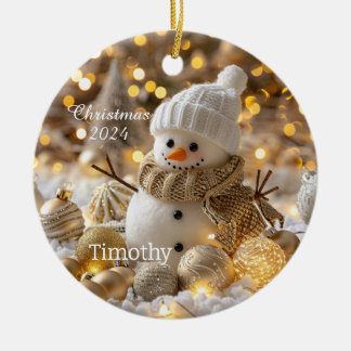 Schattigee sneeuwpop gepersonaliseerde kerstversie keramisch ornament