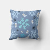 Schattigee sneeuwpoppen en sneeuwvlokken in blauwg kussen (Achterkant)