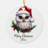 Schattigee Sneeuwuil in Santa Hat Holly Custom Keramisch Ornament (Voorkant)