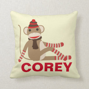 Schattigee Sock Monkey met aangepaste naam Kussen