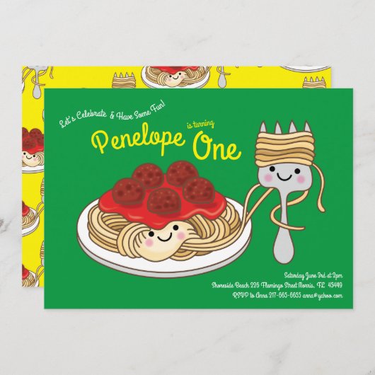 Schattigee Spaghetti Kinder 1e Verjaardagsfeestje Kaart (Voorkant / Achterkant)