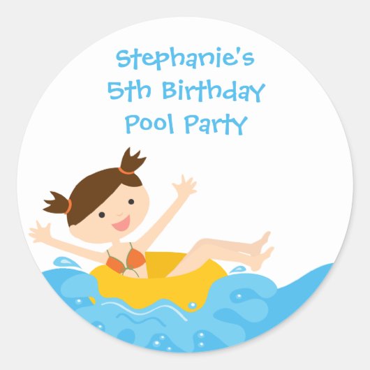 Schattigee splash meisje zwembad feest verjaardags ronde sticker (Voorkant)