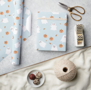 Schattigee Spook & Pompoen Blauw Halloween Patroon Cadeaupapier