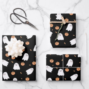 Schattigee Spook & Pompoen Zwart Halloween Patroon Inpakpapier Vel