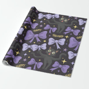 Schattigee Spooky Black Cat & Bow Naadloze Hallowe Cadeaupapier