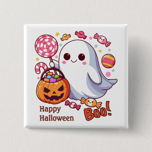 Schattigee Spooky Halloween Ghost, Pompoenen en Sn Vierkante Button 5,1 Cm (Voorkant)