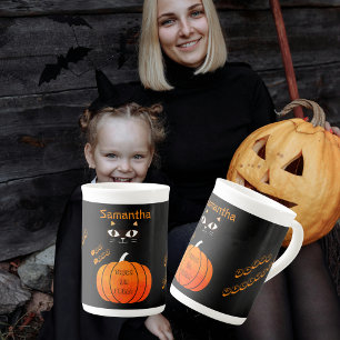 Schattigee Spooky Sinaasappel & Zwarte Kat Pompoen Porselein Kop