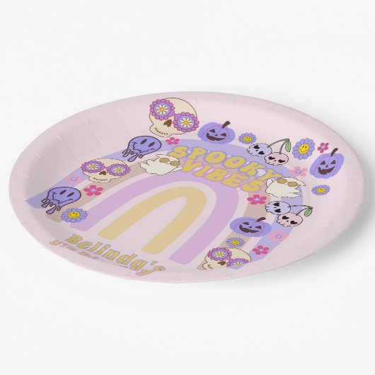 Schattigee Spooky Vibes Groovy Ghost Halloween Ver Papieren Bordje (Gekanteld)