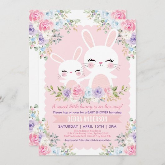 Schattigee Spring Bunny Baby shower Waterverf Bloe Kaart (Voorkant / Achterkant)