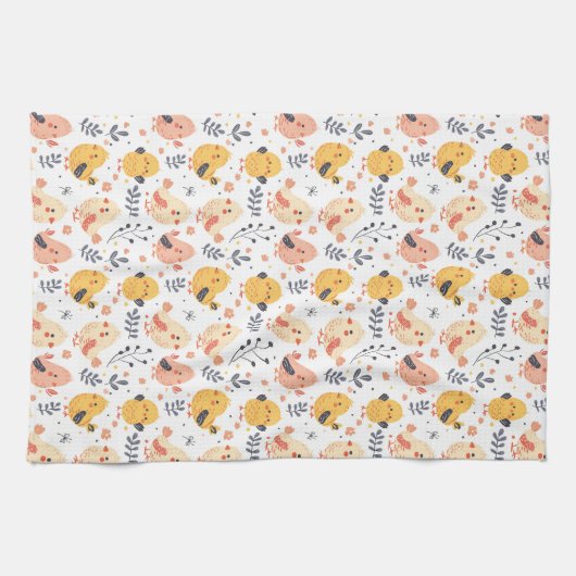 Schattigee Spring Chicks en Bloemenpatroon Theedoek (Horizontaal)