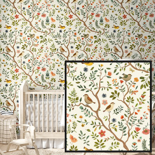 Schattigee Springtime Birds in Trees on Cream Behang