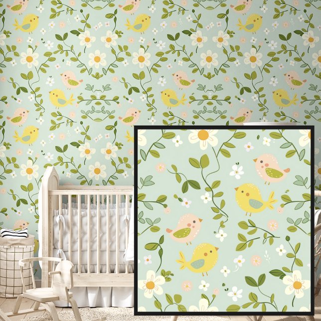 Schattigee Springtime Flowers & Birds op Soft Gree Behang (Creator heeft geüpload)