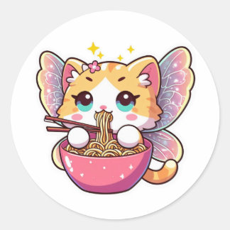 Schattigee sprookjeskat die ramen noedels eet ronde sticker