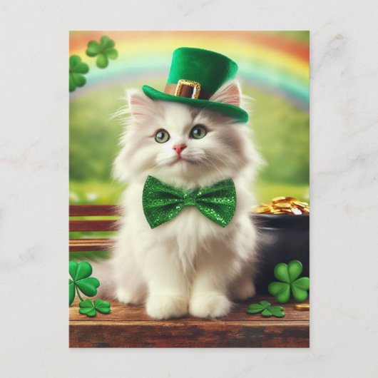 Schattigee St. Patricks Day Kitten Regenboogpot va Briefkaart (Voorkant)