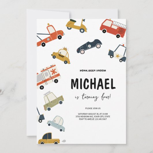 Schattigee stadsauto's verjaardagsuitnodiging kaart (Voorkant)