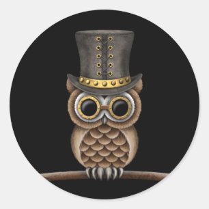 Schattigee Steampunk Uil op een Tak op Zwart Ronde Sticker