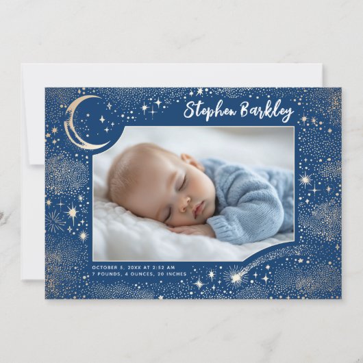 Schattigee Sterren Maan Hemelse Pasgeboren Jongen  Aankondiging (Voorkant)