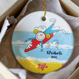 Schattigee Stick Figuur Surfer Meisje Kerst Orname Keramisch Ornament