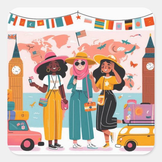 Schattigee sticker van vrouwen van kleur reizen (Voorkant)