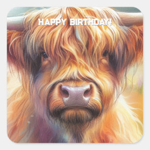 Schattigee Stoere Shaggy Highland Koe Verjaardag Vierkante Sticker