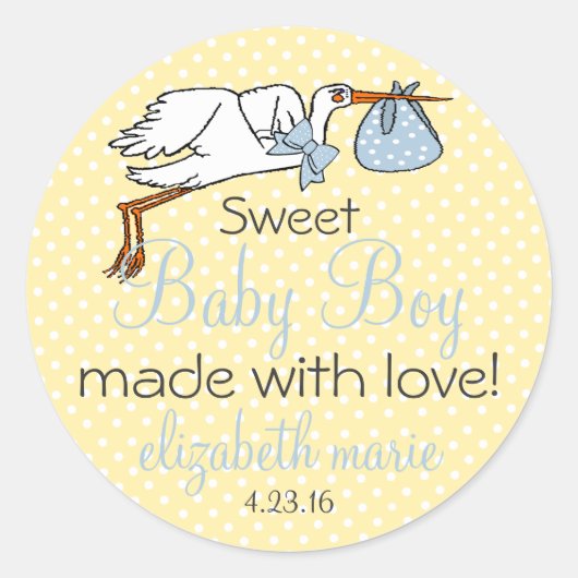 Schattigee Stork Geel en Blauw Baby shower Gast Fa Ronde Sticker (Voorkant)