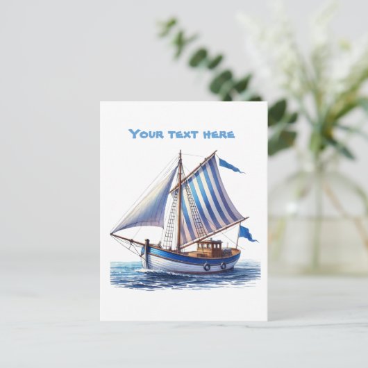Schattigee strand zeilboot tekst toevoegen briefkaart (Staand voorkant)