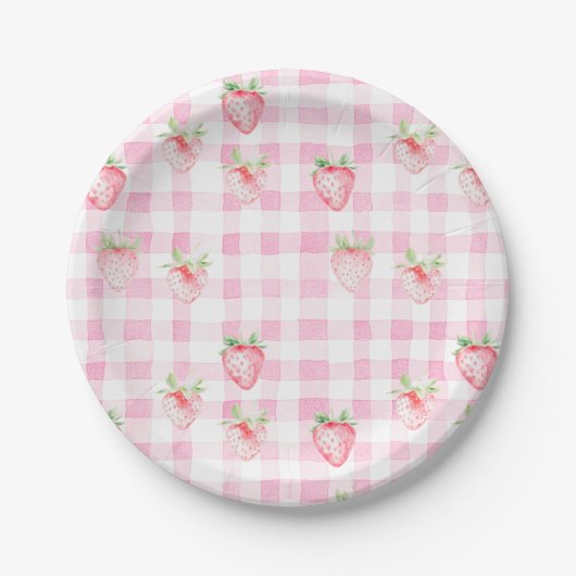 Schattigee Strawberry Berry Pink Gingham Verjaarda Papieren Bordje (Voorkant)