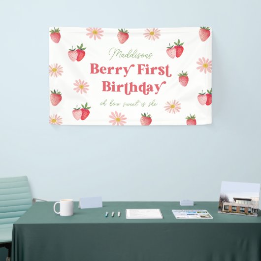 Schattigee Strawberry en Daisy Meisjes 1e Verjaard Spandoek (Beurs)