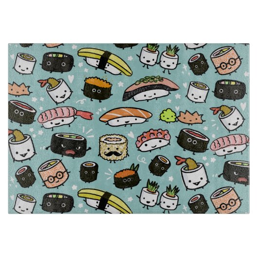 Schattigee sushi-tekens | Kawaii Sushi Patterned Snijplank (Voorkant)