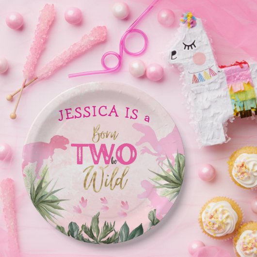 Schattigee T Rex Dinosaurus Meisje 2e Verjaardagsf Papieren Bordje (Feest)