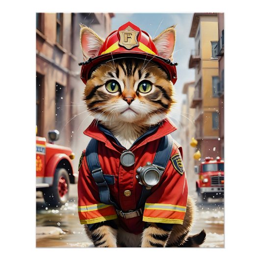 Schattigee Tabby Cat in Brandweerman Uniforme Wate Perfect Poster (Voorkant)